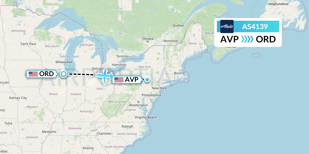 AS4139 Alaska Airlines Flight Map: Avoca to Chicago