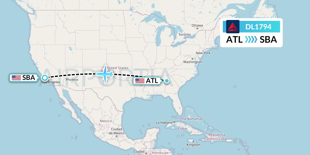 DL1794 Delta Air Lines Flight Map: Atlanta to Santa Barbara