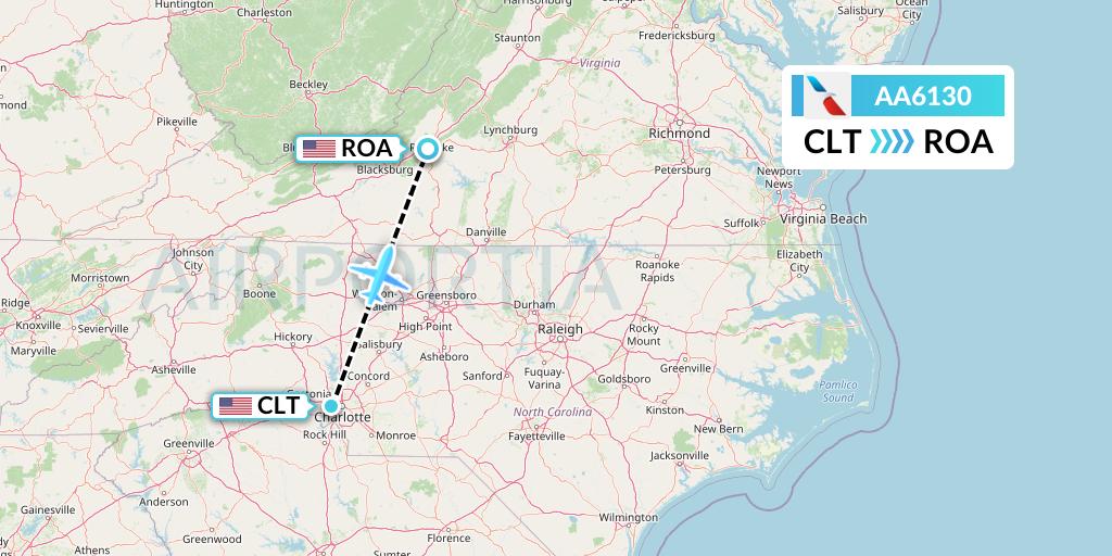 AA6130 American Airlines Flight Map: Charlotte to Roanoke