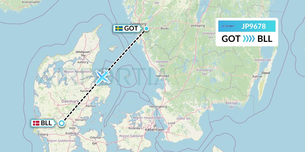 JP9678 Adria Airways Flight Map: Gothenburg to Billund