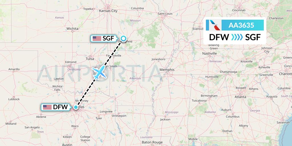 AA3635 American Airlines Flight Map: Dallas to Springfield