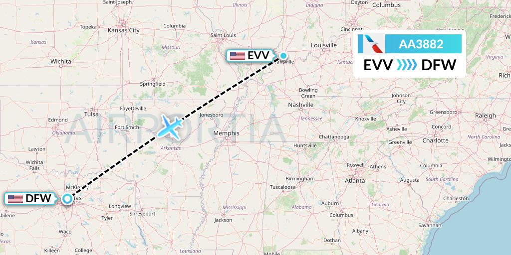 AA3882 American Airlines Flight Map: Evansville to Dallas