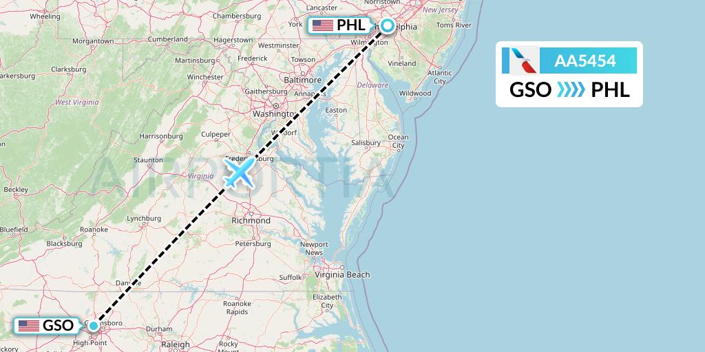 AA5454 American Airlines Flight Map: Greensboro to Philadelphia