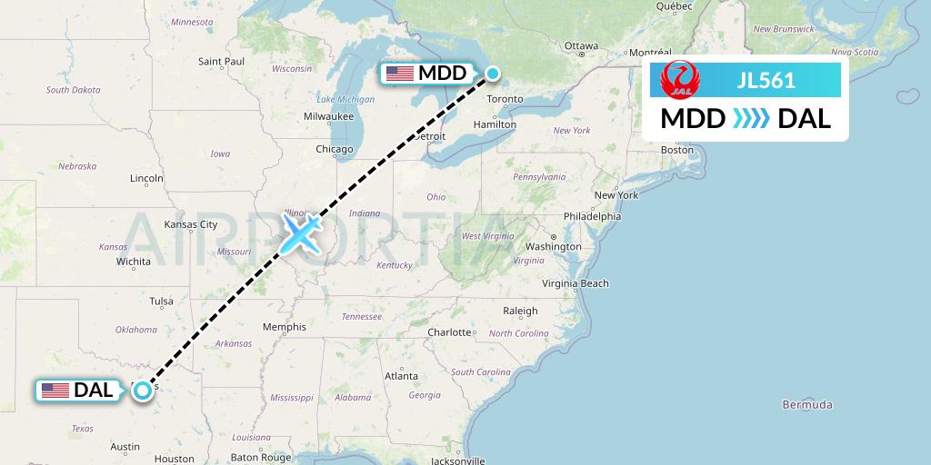 JL561 Japan Airlines Flight Map: Midland to Dallas