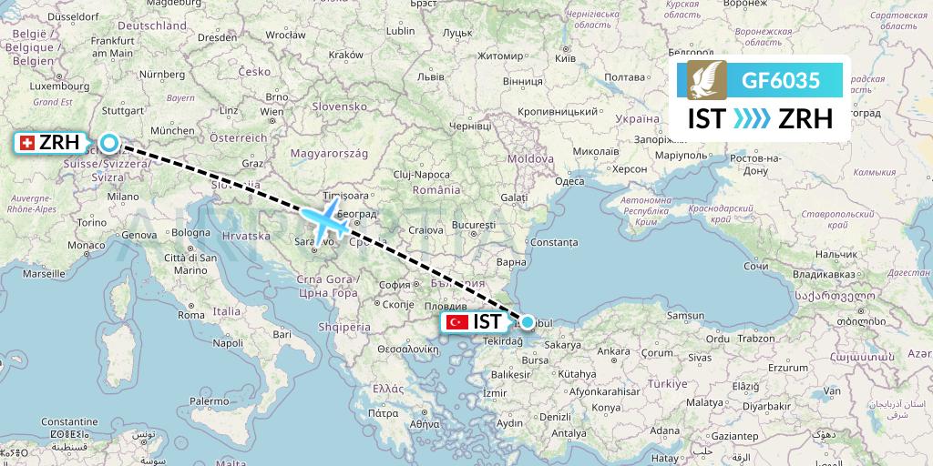 GF6035 Gulf Air Flight Map: Istanbul to Zurich