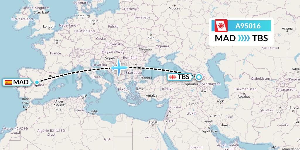 A95016 Georgian Airways Flight Map: Madrid to Tbilisi