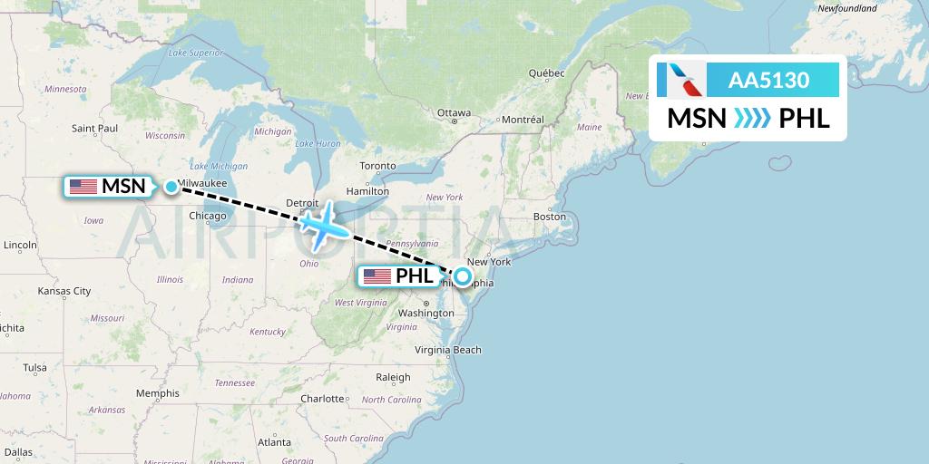 AA5130 American Airlines Flight Map: Madison to Philadelphia