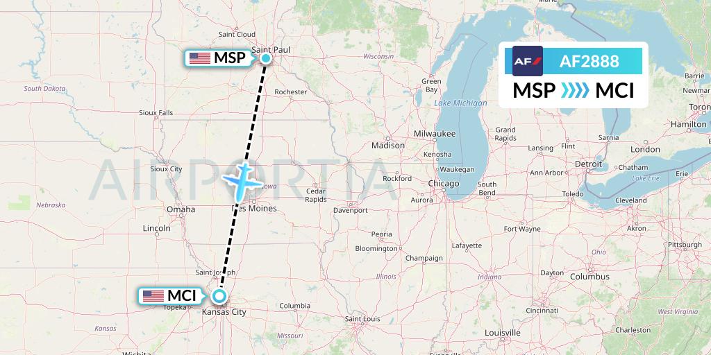 AF2888 Air France Flight Map: Minneapolis to Kansas City