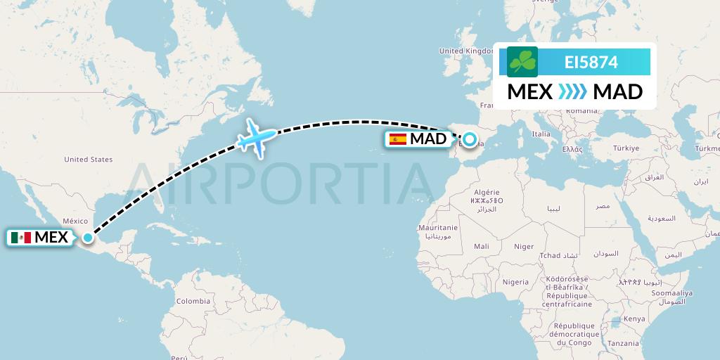 EI5874 Aer Lingus Flight Map: Mexico City to Madrid