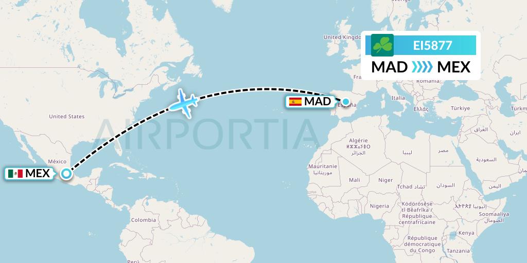 EI5877 Aer Lingus Flight Map: Madrid to Mexico City