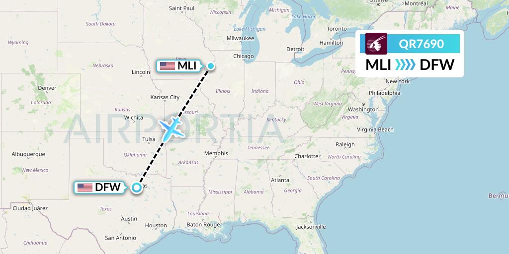 QR7690 Qatar Airways Flight Map: Moline to Dallas