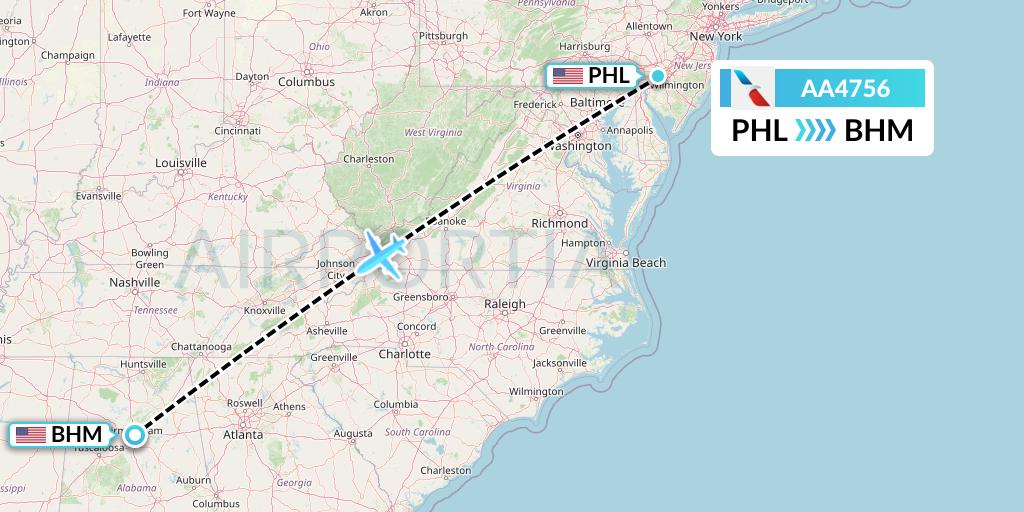AA4756 American Airlines Flight Map: Philadelphia to Birmingham