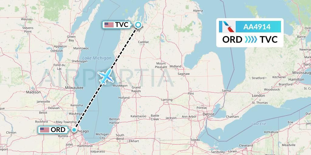 AA4914 American Airlines Flight Map: Chicago to Traverse City
