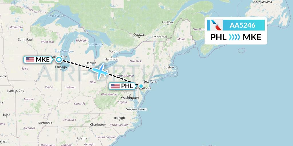 AA5246 American Airlines Flight Map: Philadelphia to Milwaukee