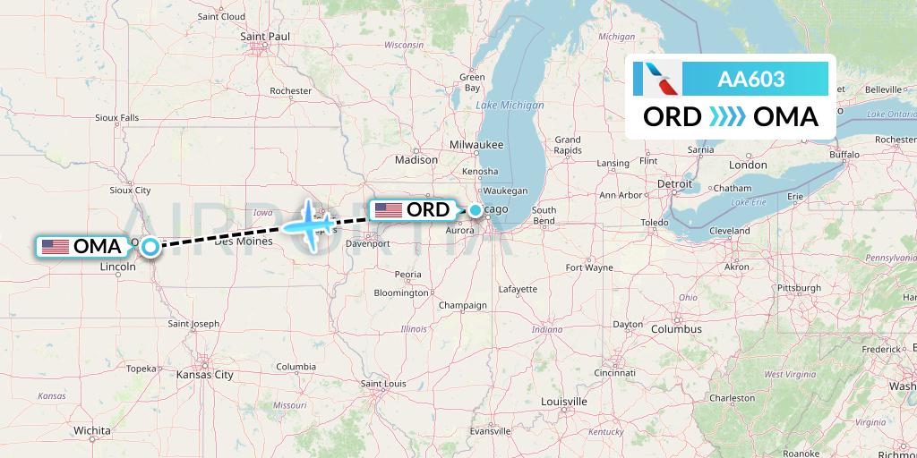 AA603 American Airlines Flight Map: Chicago to Omaha