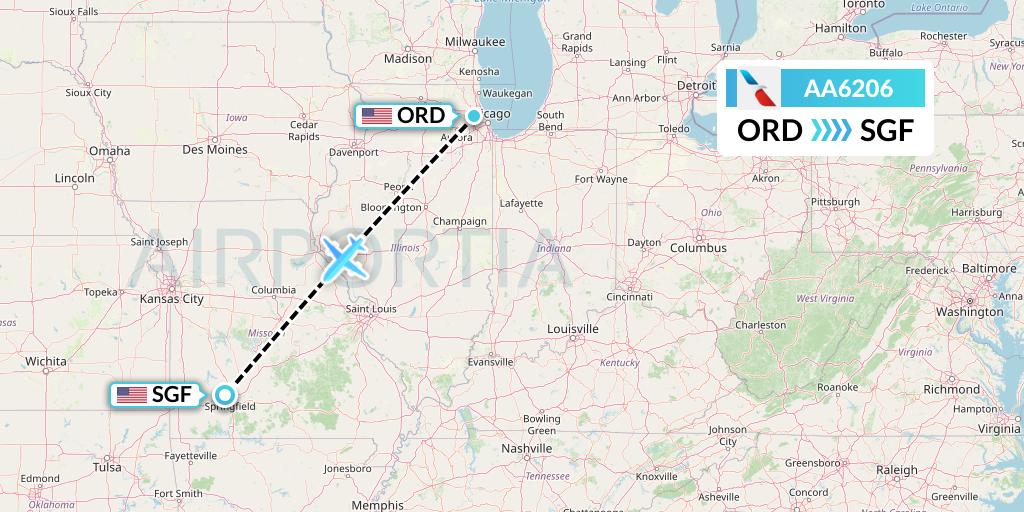 AA6206 American Airlines Flight Map: Chicago to Springfield