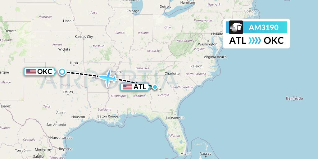 AM3190 Aeromexico Flight Map: Atlanta to Oklahoma City