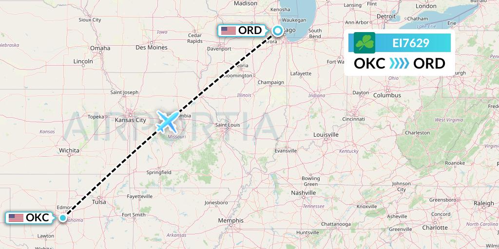 EI7629 Aer Lingus Flight Map: Oklahoma City to Chicago