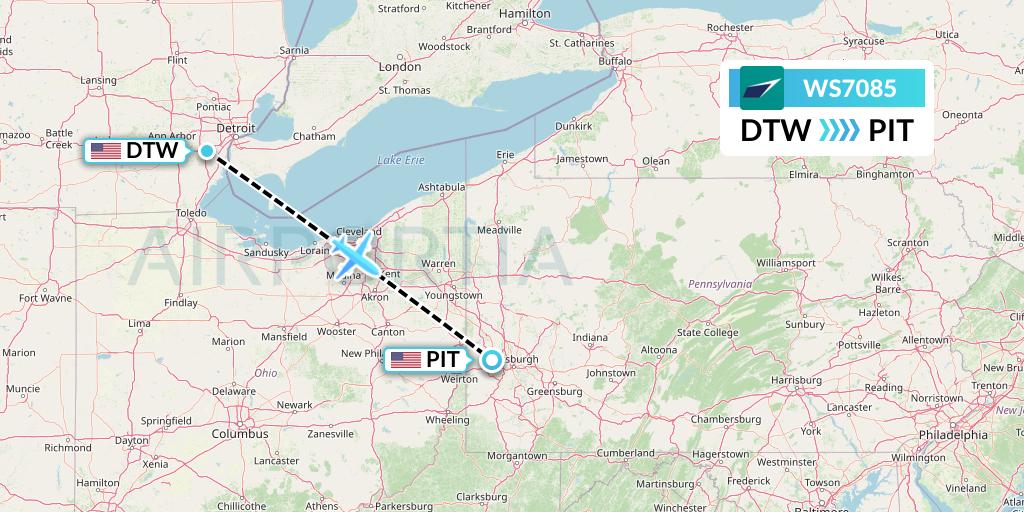 WS7085 WestJet Flight Map: Detroit to Pittsburgh