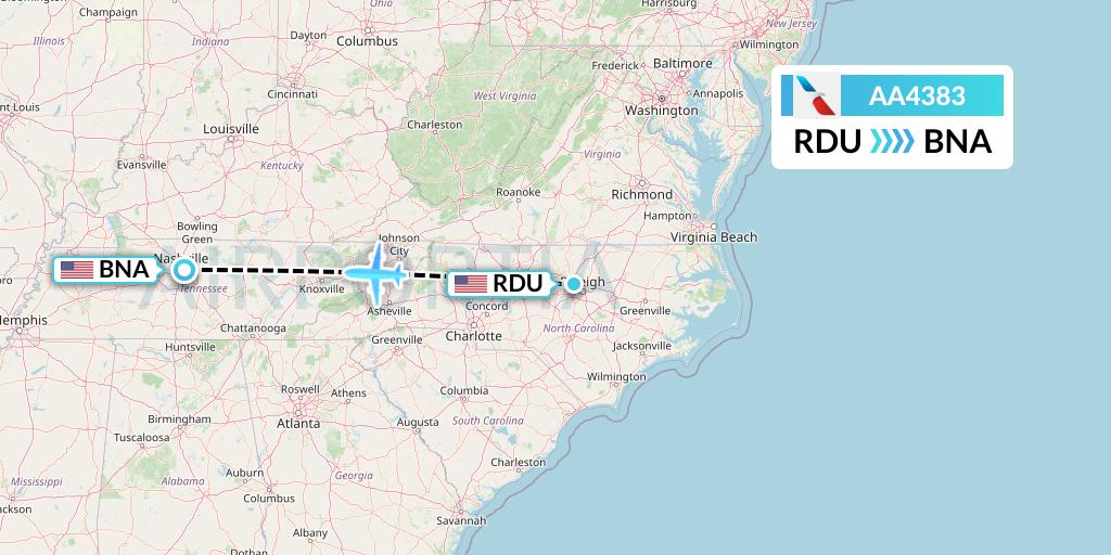 AA4383 American Airlines Flight Map: Raleigh-Durham to Nashville