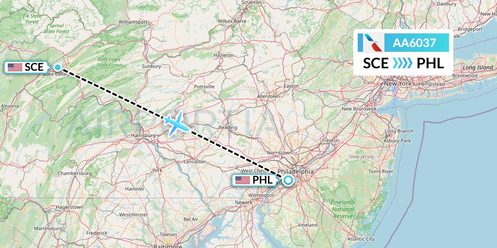 AA6037 American Airlines Flight Map: State College to Philadelphia