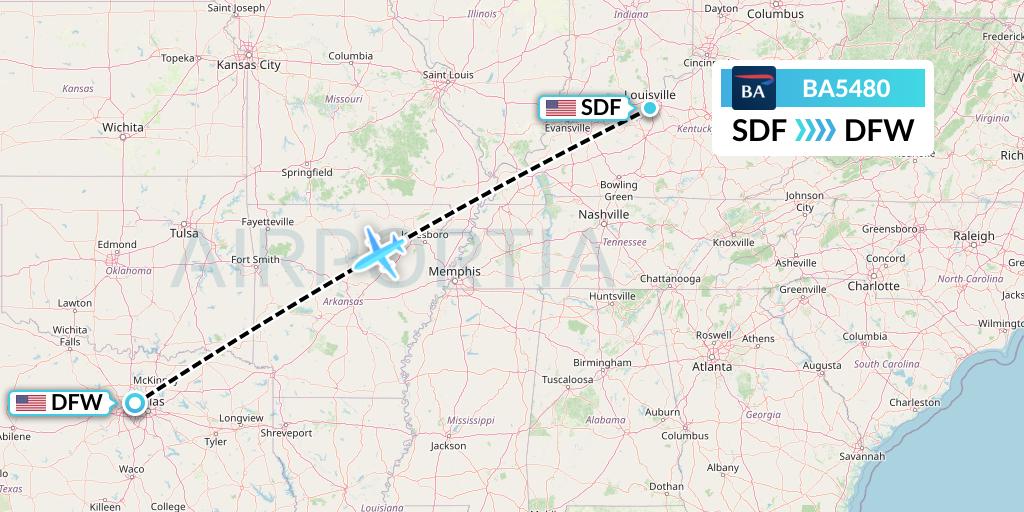 BA5480 British Airways Flight Map: Louisville to Dallas