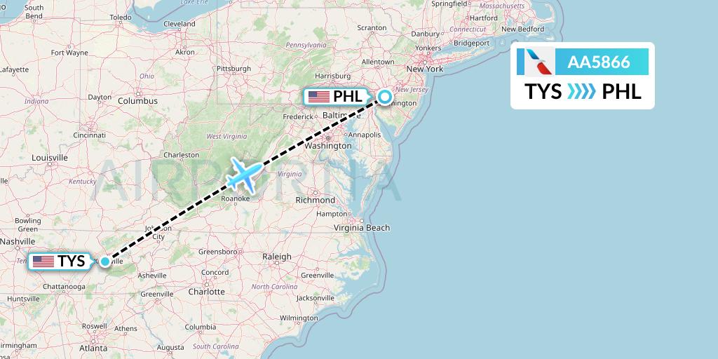 AA5866 American Airlines Flight Map: Knoxville to Philadelphia