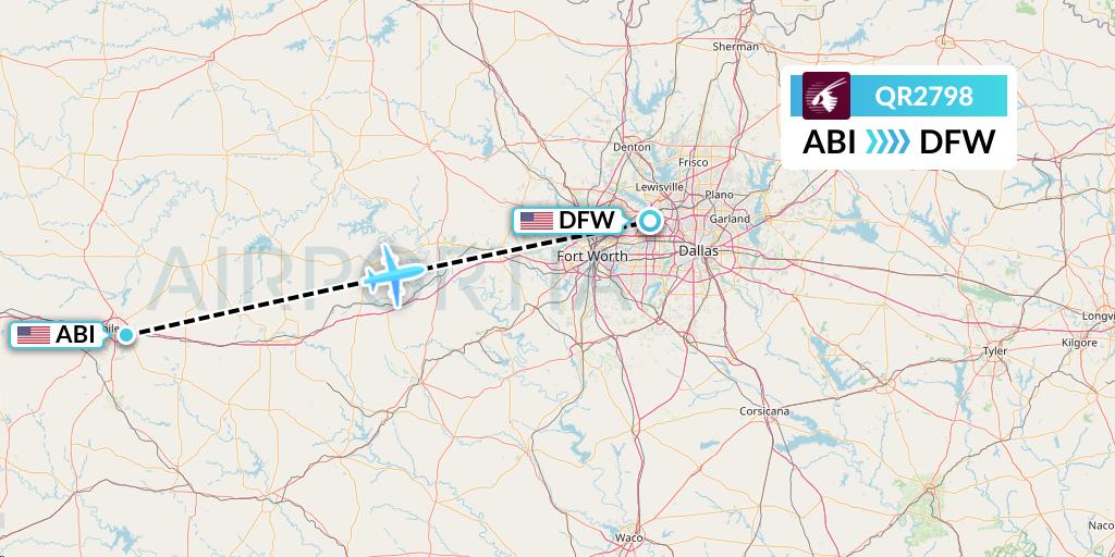 QR2798 Qatar Airways Flight Map: Abilene to Dallas