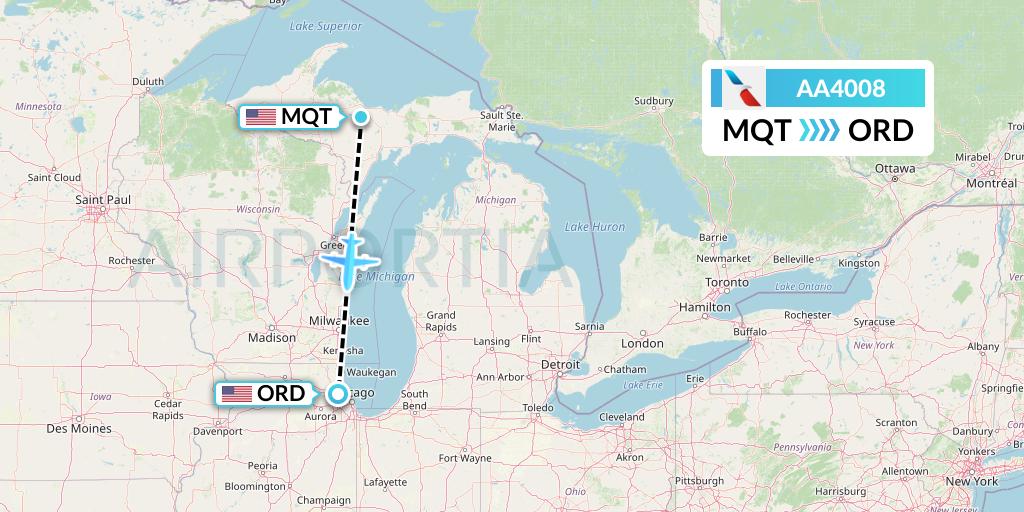 AA4008 American Airlines Flight Map: Marquette to Chicago