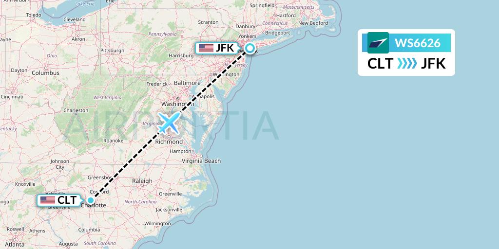 WS6626 WestJet Flight Map: Charlotte to New York