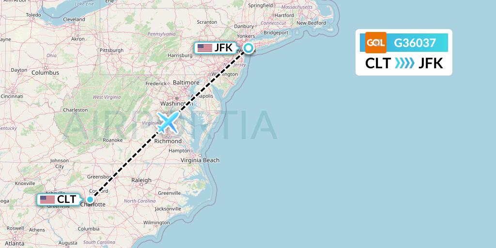 G36037 GOL Transportes Aeros Flight Map: Charlotte to New York