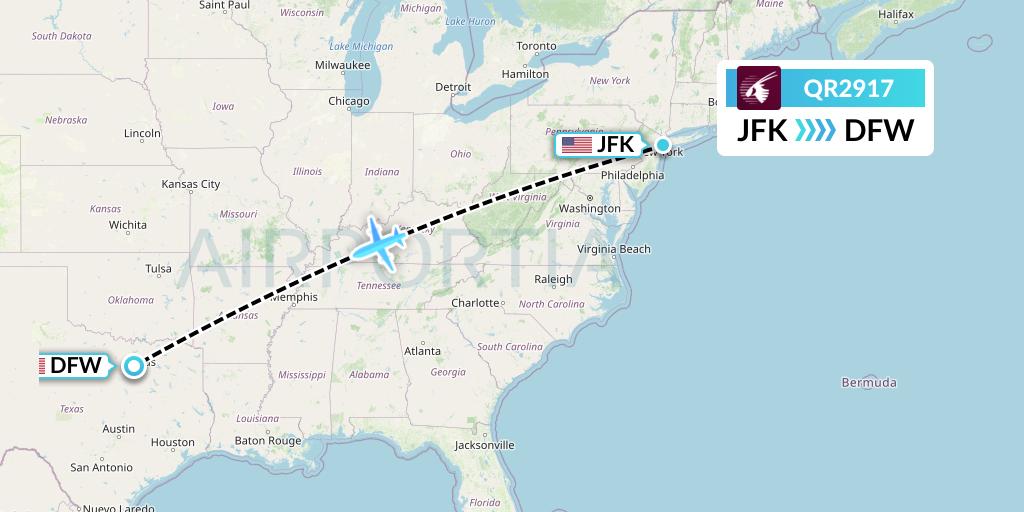 QR2917 Qatar Airways Flight Map: New York to Dallas