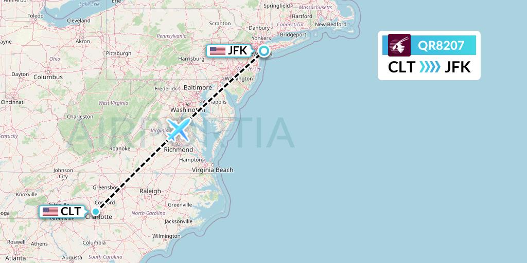 QR8207 Qatar Airways Flight Map: Charlotte to New York