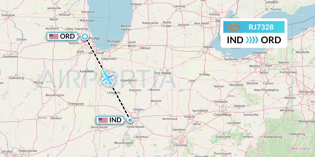 RJ7328 Royal Jordanian Flight Map: Indianapolis to Chicago