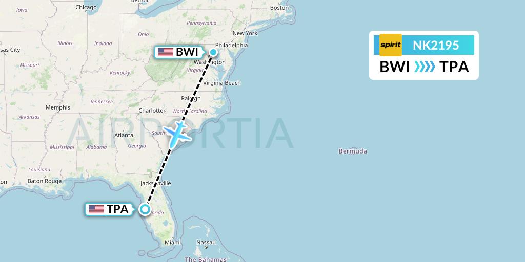 NK2195 Spirit Airlines Flight Map: Baltimore to Tampa