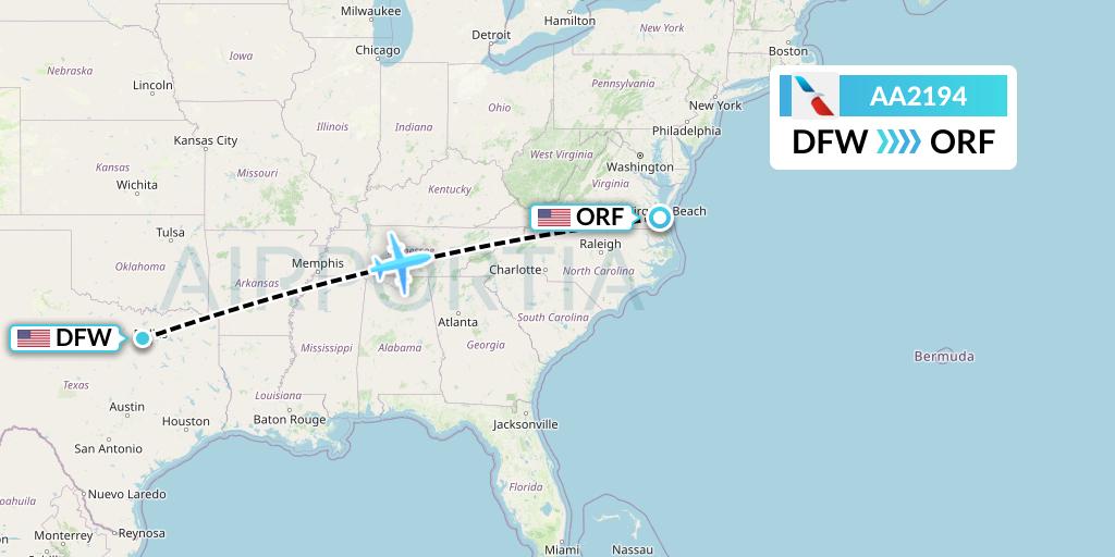 AA2194 American Airlines Flight Map: Dallas to Norfolk
