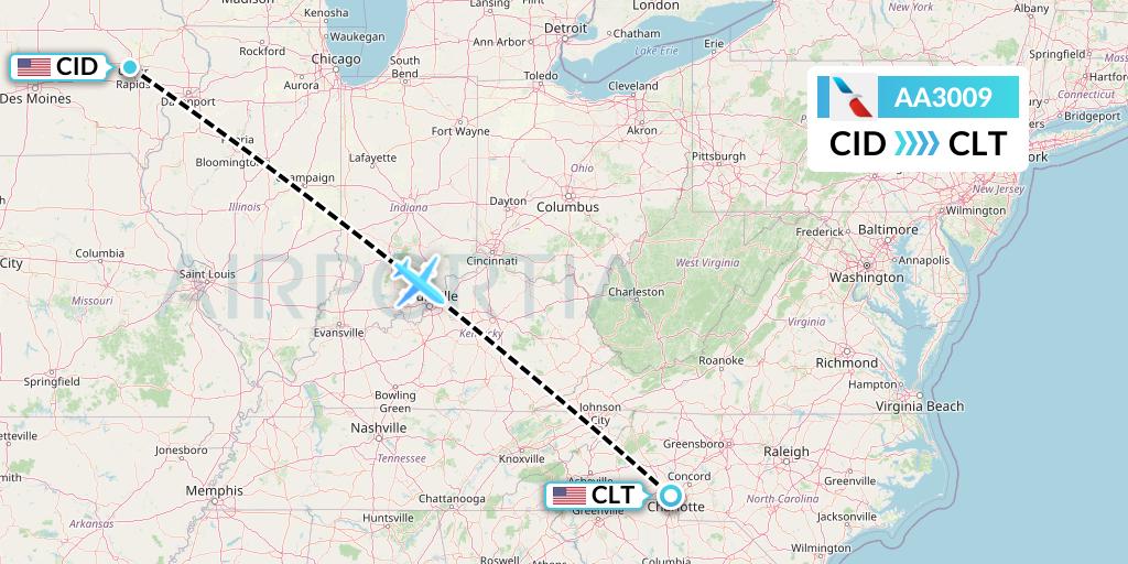 AA3009 American Airlines Flight Map: Cedar Rapids to Charlotte