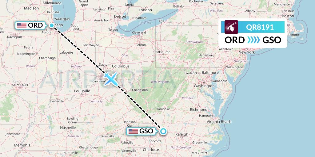 QR8191 Qatar Airways Flight Map: Chicago to Greensboro