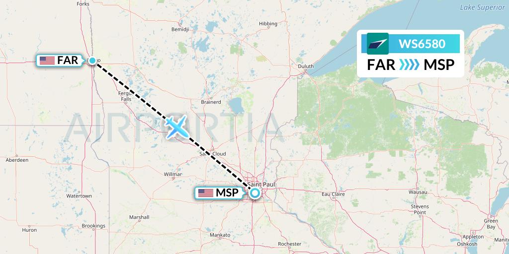 WS6580 WestJet Flight Map: Fargo to Minneapolis