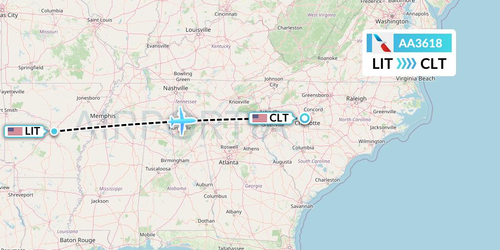 AA3618 American Airlines Flight Map: Little Rock to Charlotte