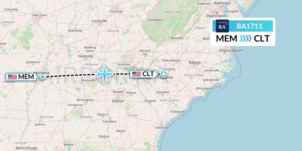 BA1711 British Airways Flight Map: Memphis to Charlotte