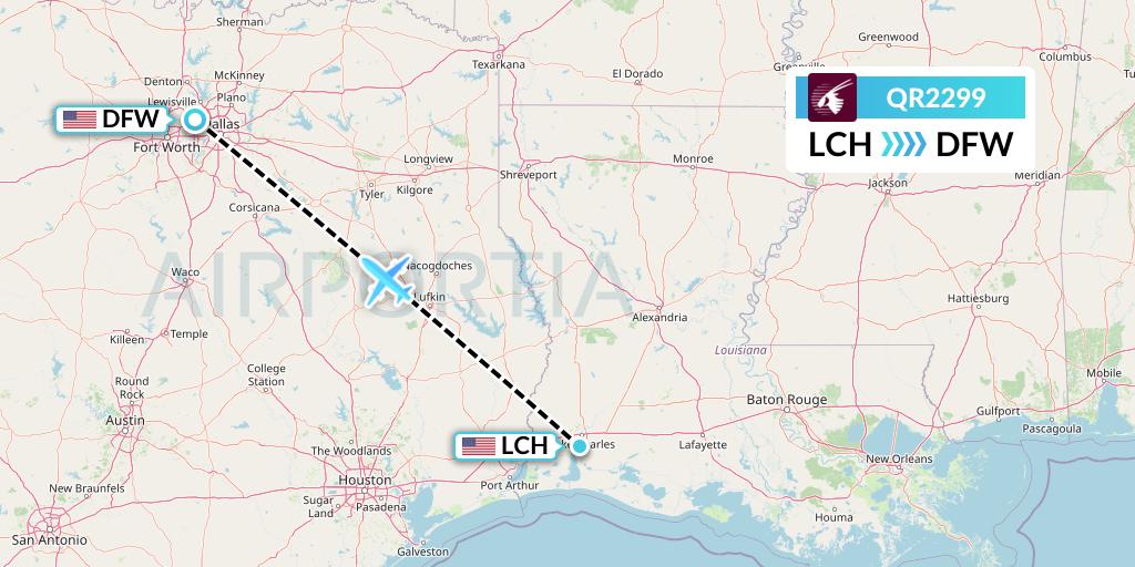 QR2299 Qatar Airways Flight Map: Lake Charles to Dallas