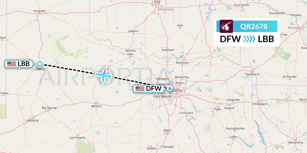 QR2678 Qatar Airways Flight Map: Dallas to Lubbock