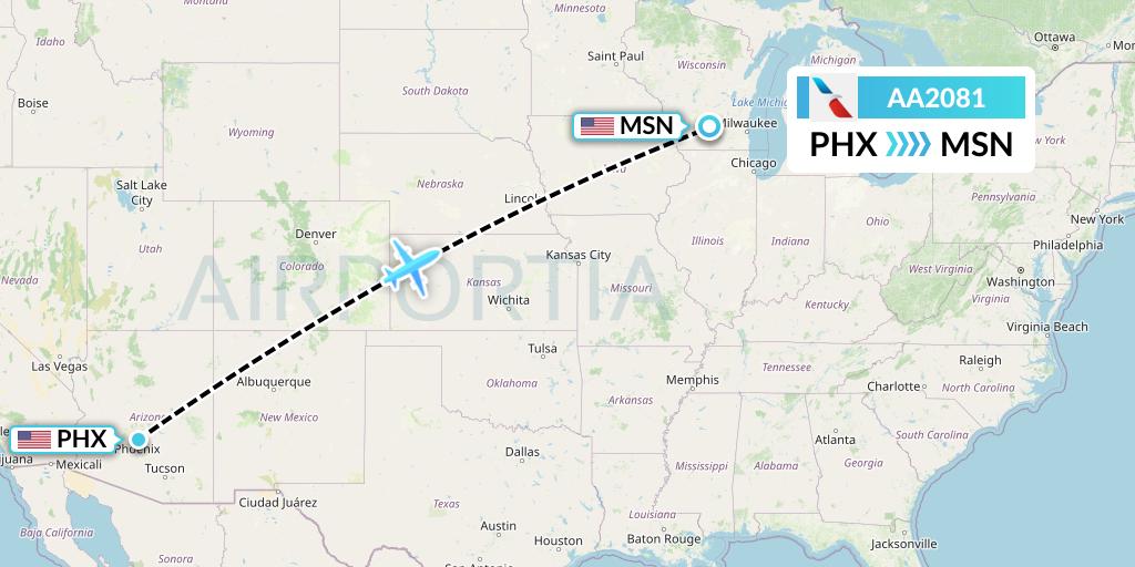 AA2081 American Airlines Flight Map: Phoenix to Madison