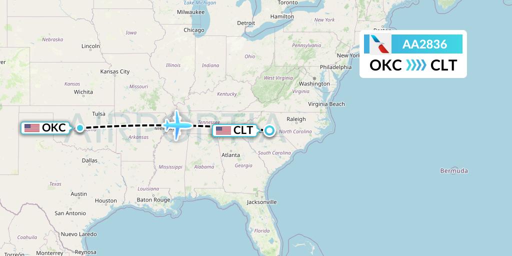 AA2836 American Airlines Flight Map: Oklahoma City to Charlotte