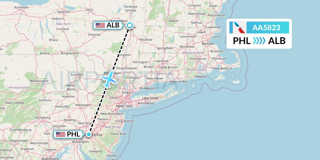 AA5823 American Airlines Flight Map: Philadelphia to Albany