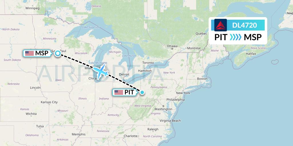 DL4720 Delta Air Lines Flight Map: Pittsburgh to Minneapolis