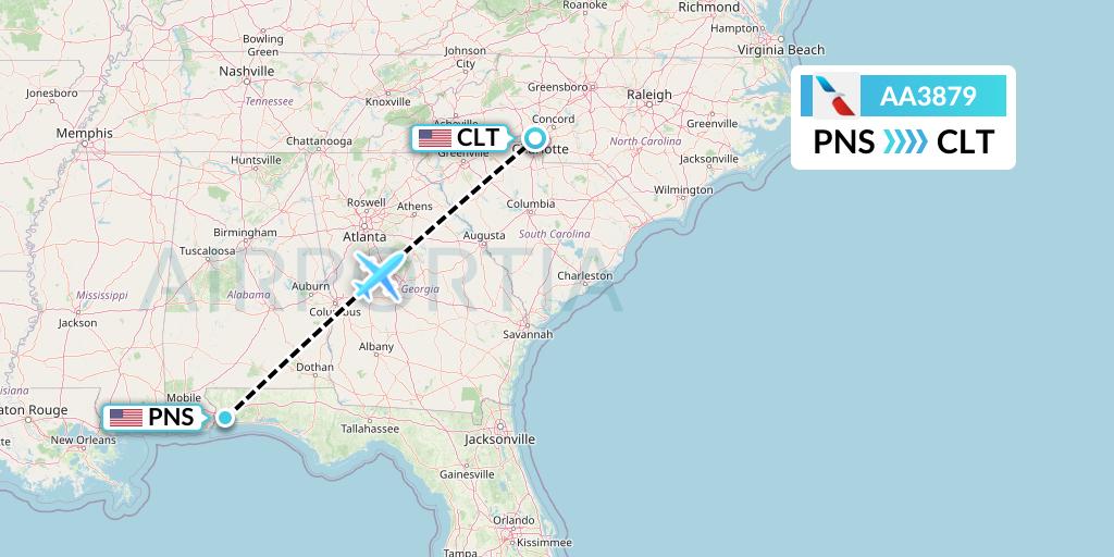 AA3879 American Airlines Flight Map: Pensacola to Charlotte