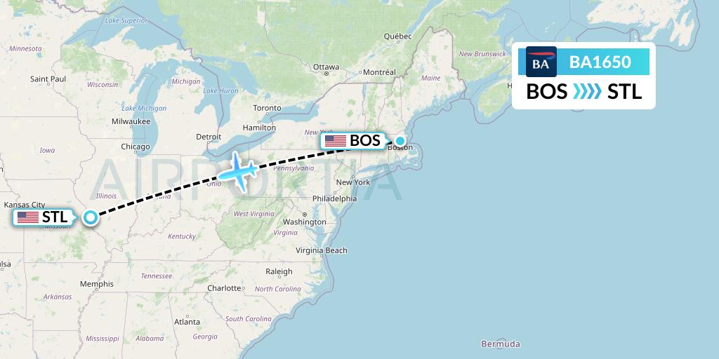 BA1650 British Airways Flight Map: Boston to St. Louis