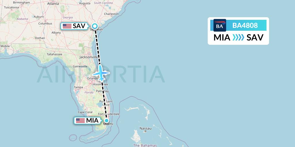 BA4808 British Airways Flight Map: Miami to Savannah